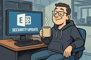 ai-generated image of an IT admin in a hoodie holding a coffee mug in front of a monitor showing an Exchange Server logo and the words "Security Update"