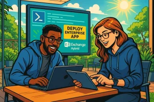 KI-Illustration von zwei IT-Fachleuten, die draußen an einem Tisch mit Laptops arbeiten. Beide tragen Brillen und blaue Kapuzenpullis. Im Hintergrund ist ein Bildschirm mit der Aufschrift ‚Deploy Enterprise App – Exchange Hybrid‘ und einem PowerShell-Symbol zu sehen. Die Szene wirkt freundlich und sonnig.