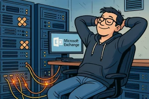 ai-generated. Exchange admin sits relaxed in front of band-aid patched Exchange Servers.