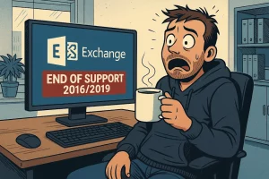 KI-generierte Illustration eines gestressten IT-Administrators im Büro, der erschrocken mit einer Tasse Kaffee vor einem Monitor sitzt. Auf dem Bildschirm steht ‚Exchange – End of Support 2016/2019‘. Der Mann sieht schockiert und überfordert aus..