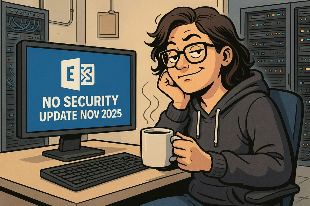 Illustration einer Person in einem Serverraum, die vor einem Computer sitzt und eine Tasse Kaffee hält. Auf dem Monitor ist das Exchange-Logo zu sehen, begleitet von der Meldung „NO SECURITY UPDATE NOV 2025“. Im Hintergrund sind mehrere Serverracks erkennbar.