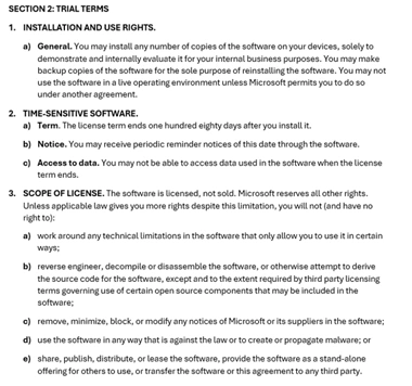 Screenshot eines Lizenztextes für Exchange Server Subscription Edition. Sichtbar ist Abschnitt „SECTION 2: TRIAL TERMS“ mit drei Hauptpunkten: 1) Installation and Use Rights, 2) Time-Sensitive Software, 3) Scope of License. Unterpunkte beschreiben Nutzungsrechte, Lizenzdauer (100 Tage), Einschränkungen wie keine Weitergabe, kein Reverse Engineering und keine Modifikation des Codes. Schwarzer Text auf weißem Hintergrund, klar strukturierte Listenform.