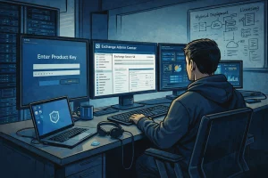 KI-generiert: Ein IT-Administrator sitzt in einem modernen Serverraum vor mehreren Monitoren. Auf den Bildschirmen sind verschiedene Oberflächen zu sehen, darunter „Enter Product Key“, das „Exchange Admin Center“ mit der Ansicht für Exchange Server SE und System-Dashboards. Auf dem Schreibtisch stehen ein Laptop mit einem Sicherheitssymbol, eine Kaffeetasse und ein Headset. Im Hintergrund hängt ein Whiteboard mit Diagrammen zu „Hybrid Deployment“ und „Licensing“. Die Szene vermittelt den Eindruck einer professionellen IT-Umgebung für Exchange-Server-Management.