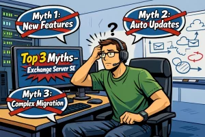 Comic‑Illustration eines IT-Administrators, der nachdenklich an seinem Schreibtisch sitzt, umgeben von mehreren Monitoren und einem Whiteboard mit technischen Skizzen. Auf den Bildschirmen und in Sprechblasen stehen durchgestrichene Mythen zu Exchange Server SE: „Myth 1: New Features“, „Myth 2: Auto Updates“ und „Myth 3: Complex Migration“. In der Mitte erscheint der Titel „Top 3 Myths – Exchange Server SE“. Die Szene zeigt eine humorvolle, überzeichnete Arbeitsumgebung im Tech‑Stil.