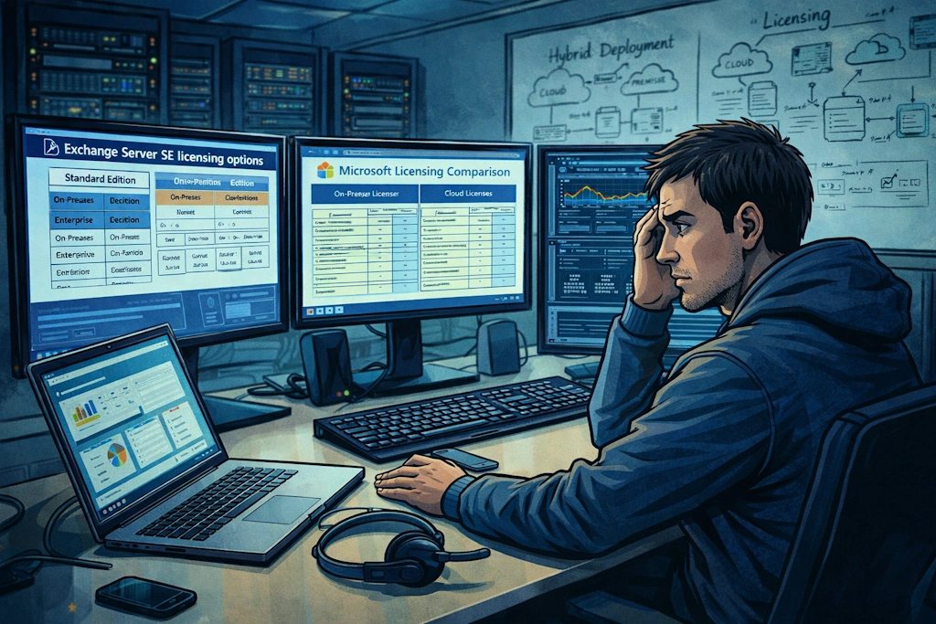 KI-generiert: Ein IT-Administrator sitzt in einem modernen Büro vor mehreren Monitoren und einem Laptop. Die Bildschirme zeigen Lizenzinformationen für Exchange Server SE und Microsoft-Produkte. Links ist eine Tabelle mit „Exchange Server SE licensing options“ für Standard- und Enterprise-Editionen sichtbar, rechts eine „Microsoft Licensing Comparison“ mit Spalten für On-Premises- und Cloud-Lizenzen. Der Laptop zeigt ein Dashboard mit Diagrammen. Auf dem Schreibtisch liegen ein Headset und ein Smartphone. Im Hintergrund hängt ein Whiteboard mit Skizzen zu „Hybrid Deployment“ und „Licensing“. Die Szene vermittelt den Eindruck einer professionellen IT-Umgebung für das Lizenzmanagement und die Exchange-Administration.