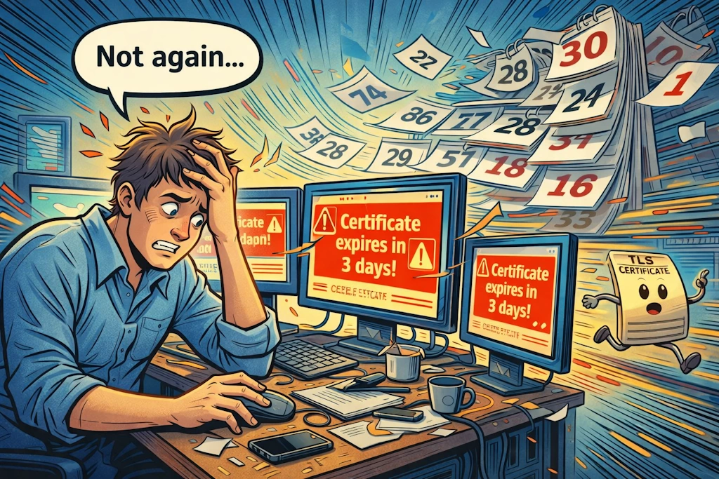 Illustration of a stressed IT administrator at a cluttered desk, surrounded by multiple monitors displaying urgent warning messages such as "Certificate expires in 3 days!". Above him, a calendar with scrolling pages flies around, while an animated TLS certificate with a worried face appears next to it. A speech bubble reads: "Not again...".
