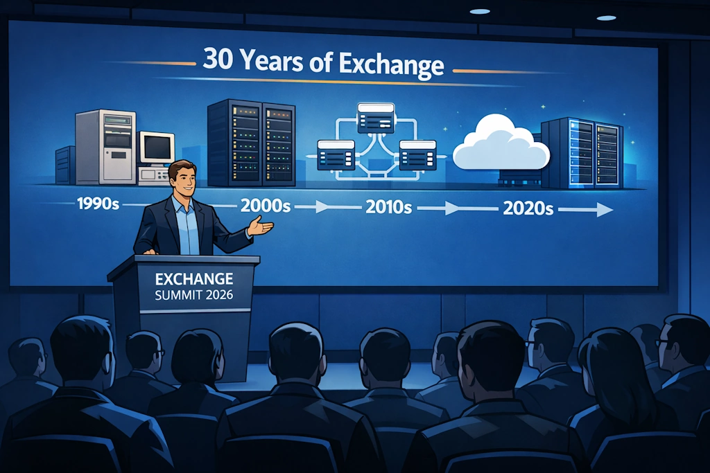 KI-generierte Illustration einer Konferenzszene beim „Exchange Summit 2026“. Auf der Bühne steht eine Person am Rednerpult, während auf der großen Leinwand hinter der Bühne eine Grafik mit dem Titel „30 Years of Exchange“ gezeigt wird. Die Folie zeigt die Entwicklung von Exchange über mehrere Jahrzehnte, dargestellt mit Symbolen für Server der 1990er‑Jahre, Rechenzentren der 2000er‑Jahre, vernetzte Systeme der 2010er‑Jahre und Cloud‑Infrastruktur der 2020er‑Jahre. Im Vordergrund sitzt ein Publikum in einem abgedunkelten Raum und schaut zur Bühne.