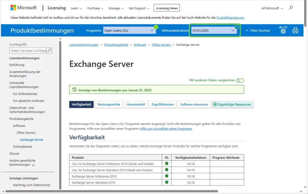 Screenshot der Microsoft‑Licensing‑Webseite mit den Produktbestimmungen für „Exchange Server“ im Open‑Lizenz‑Programm, wirksam ab dem 1. Januar 2025. Die Ansicht zeigt Registerkarten wie „Verfügbarkeit“, „Nutzungsrechte“ und „Lizenzmodell“ sowie eine Tabelle, in der Exchange‑Server‑Produkte wie „CAL für Exchange Server Enterprise 2019“ und „Exchange Server Standard 2019“ mit ihrem jeweiligen Verfügbarkeitsdatum aufgelistet sind.