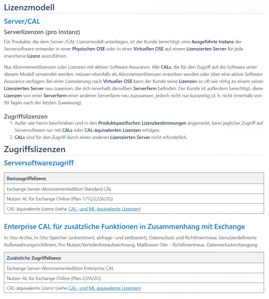 Screenshot einer Microsoft‑Webseite mit nahezu identischem Layout, jedoch für die Abonnementedition von Exchange Server. Die Seite zeigt Abschnitte zu „Lizenzmodell“, „Server/CAL“, „Zugriffslizenzen“ und „Serversoftwarezugriff“. In den Tabellen erscheinen Lizenzbezeichnungen wie „Exchange Server: Abonnementedition Standard CAL“, „Nutzer‑AL für Exchange Online“ sowie Enterprise‑CAL‑Informationen und ergänzende Lizenzlinks.