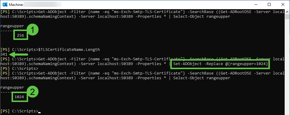 Screenshot einer PowerShell‑Konsole mit Active‑Directory‑Befehlen zur Auswertung und Anpassung des Attributs rangeUpper für ms‑Exch‑Smtp‑TLS‑Certificate. Oben ist der ursprüngliche Wert 256 hervorgehoben, unten der geänderte Wert 1024 nach Ausführung von Set‑ADObject ‑Replace. Markierungen verdeutlichen die Änderung.