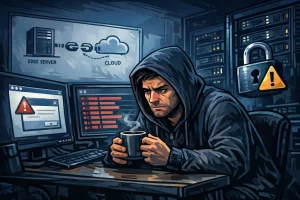 Illustrated scene of a hooded figure sitting at a desk in a server room, holding a steaming mug. Multiple monitors display warning messages and system dashboards, while server racks, cloud and edge server icons, and a large padlock symbol emphasize cybersecurity and infrastructure issues.