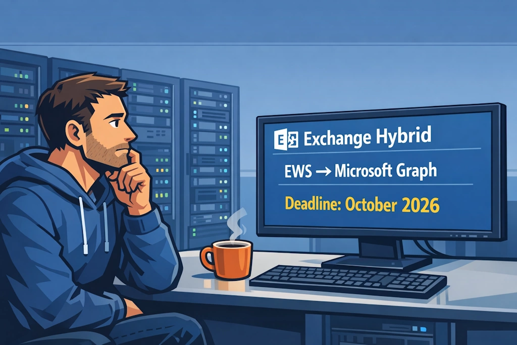 Illustration einer Person, die an einem Schreibtisch vor Serverracks sitzt und auf einen Monitor blickt. Auf dem Bildschirm steht ‚Exchange Hybrid – EWS → Microsoft Graph – Deadline: October 2026‘. Vor dem Monitor befinden sich eine Tastatur und eine Kaffeetasse. Die Szene vermittelt eine technische Arbeitsumgebung mit Fokus auf die anstehende Migration von EWS zu Microsoft Graph im Exchange‑Hybrid‑Umfeld.