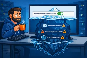 Illustration zum Exchange-Online-Feature „Senden von Aliasnamen aktivieren“. Ein Administrator sitzt mit einer Kaffeetasse vor einem Monitor in einer Serverraum-Umgebung. Auf dem Bildschirm ist ein aktivierter Schalter für das Senden von Aliasadressen zu sehen. Unter der Wasseroberfläche eines Eisbergs werden mögliche Auswirkungen und Einschränkungen dargestellt, darunter Probleme mit Abwesenheitsnachrichten, Remoteroutingdomänen beziehungsweise MOERA-Adressen sowie eine EOP-/Microsoft-Defender-Lücke. Die Grafik nutzt die Eisberg-Metapher, um auf verborgene technische Herausforderungen hinter einer scheinbar einfachen Funktion hinzuweisen.