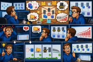 Comicartige, mehrteilige Illustration zur Fehlersuche in einer Microsoft Exchange Database Availability Group (DAG). Eine Person sitzt vor mehreren Monitoren mit Server-, Datenbank- und Netzwerkdiagrammen. In den oberen Szenen werden verschiedene Probleme dargestellt, darunter fehlerhafte Datenbankreplikation, nicht verfügbare Freigaben, Serverfehler und nicht zugestellte E-Mails. Ein zentrales Pinnboard zeigt die Zusammenhänge zwischen mehreren Exchange-Servern und Datenbanken. In den mittleren Szenen analysiert die Person die Fehler, betrachtet Statusanzeigen und verfolgt Replikationswege. Anschließend werden die Probleme Schritt für Schritt behoben, was durch grüne Häkchen und einen Fortschrittsbalken visualisiert wird. Die abschließenden Szenen zeigen erfolgreich synchronisierte Datenbanken, funktionierende Replikation und stabile Systemzustände auf den Überwachungsbildschirmen. Die Illustration verwendet überwiegend Blau-, Grau- und Rottöne und stellt den Ablauf einer strukturierten Exchange-DAG-Fehleranalyse und -Behebung dar. KI-generated image