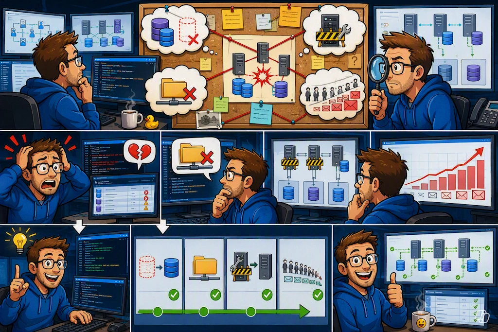 Comicartige, mehrteilige Illustration zur Fehlersuche in einer Microsoft Exchange Database Availability Group (DAG). Eine Person sitzt vor mehreren Monitoren mit Server-, Datenbank- und Netzwerkdiagrammen. In den oberen Szenen werden verschiedene Probleme dargestellt, darunter fehlerhafte Datenbankreplikation, nicht verfügbare Freigaben, Serverfehler und nicht zugestellte E-Mails. Ein zentrales Pinnboard zeigt die Zusammenhänge zwischen mehreren Exchange-Servern und Datenbanken. In den mittleren Szenen analysiert die Person die Fehler, betrachtet Statusanzeigen und verfolgt Replikationswege. Anschließend werden die Probleme Schritt für Schritt behoben, was durch grüne Häkchen und einen Fortschrittsbalken visualisiert wird. Die abschließenden Szenen zeigen erfolgreich synchronisierte Datenbanken, funktionierende Replikation und stabile Systemzustände auf den Überwachungsbildschirmen. Die Illustration verwendet überwiegend Blau-, Grau- und Rottöne und stellt den Ablauf einer strukturierten Exchange-DAG-Fehleranalyse und -Behebung dar. KI-generated image