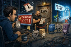 Illustration zur Ablösung von Exchange Web Services (EWS). Links sitzt eine Person vor einem Computerbildschirm mit der Warnmeldung „EWS Shutdown: Oct 1“, während Kalenderblätter mit dem Datum 1. Oktober durch die Szene fliegen. Auf dem Schreibtisch stehen Tassen mit den Aufschriften „Keep Calm and Use Graph“ und „Caffeine > Panic“. Im Hintergrund bewacht eine kräftige Figur eine Tür mit der Aufschrift „EWS“ und kontrolliert eine Liste zugelassener Anwendungen. Rechts führt ein heller Weg mit einem Wegweiser „Microsoft Graph“ zu einem leuchtenden Portal. Mehrere als Figuren dargestellte Anwendungen bewegen sich in Richtung Microsoft Graph, darunter Kalender-, E-Mail- und Synchronisations-Apps. Eine Figur mit der Bezeichnung „Legacy App“ bleibt vor einem roten X stehen. Die Illustration visualisiert den Umstieg von EWS auf Microsoft Graph und die Notwendigkeit, bestehende Anwendungen vor dem Stichtag anzupassen.