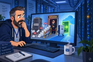 Comicartige Illustration zum SMTP-Throttling und Blocking in Exchange Online. In einem blau beleuchteten Serverraum sitzt eine Person vor einem Monitor. Auf dem Bildschirm führt der Mailflow von älteren, mit „2016/2019“ beschrifteten Servern zu zahlreichen E-Mail-Symbolen und roten „550“-Fehlerhinweisen. Der Zugang zum On-Premises-Pfad ist abgesperrt. Rechts läuft ein personifizierter, mit „SE“ beschrifteter Server durch eine grün leuchtende Tür in Richtung Cloud. Auf dem Schreibtisch liegen Bücher zu Mailflow, Hybrid und Troubleshooting sowie ein Notizblock mit der Aufschrift „Check Queue Again?“.