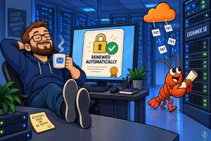 Farbige Illustration zur automatischen Zertifikatserneuerung für Exchange Server SE. Eine Person sitzt mit einer Tasse entspannt vor einem Monitor, auf dem ein Zertifikat mit Schloss, grünem Häkchen und dem Text „Renewed Automatically“ angezeigt wird. Im Hintergrund stehen Server-Racks, darunter ein mit „Exchange SE“ beschrifteter Server. Eine orangefarbene, comicartige Figur trägt ein Zertifikat zu den Servern, während aus einer Cloud mehrere mit „TXT“ beschriftete DNS-Einträge dargestellt werden. Die Szene symbolisiert die automatisierte Zertifikatserneuerung mithilfe von DNS-TXT-Einträgen. KI-generiert