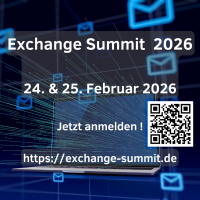 Werbegrafik zum „Exchange Summit 2026“ mit blauem, digitalem Design. Im Vordergrund ein Laptop, aus dem Datenlinien und E‑Mail‑Symbole strömen. Text im Bild: „Exchange Summit 2026“, „24. & 25. Februar 2026“, „Jetzt anmelden!“, sowie die URL „https://exchange-summit.de“. Rechts ist ein QR‑Code zur Anmeldung zu sehen.