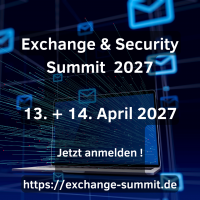 Werbegrafik für den „Exchange & Security Summit 2027“. Vor einem dunkelblauen Hintergrund mit leuchtenden E-Mail-Symbolen und digitalen Verbindungslinien steht ein geöffneter Laptop im Mittelpunkt. Aus dem Laptop strömen zahlreiche Licht- und Datenlinien nach links und rechts und symbolisieren E-Mail-Kommunikation, Messaging und IT-Sicherheit. Über dem Motiv befindet sich die große weiße Aufschrift „Exchange & Security Summit 2027“. Darunter werden die Veranstaltungstage „13. + 14. April 2027“ genannt. Im unteren Bereich steht die Aufforderung „Jetzt anmelden!“ sowie die Webadresse des Events. Die Darstellung vermittelt die Verbindung von Microsoft Exchange, E-Mail-Kommunikation und Security in einem modernen, technologischen Umfeld.